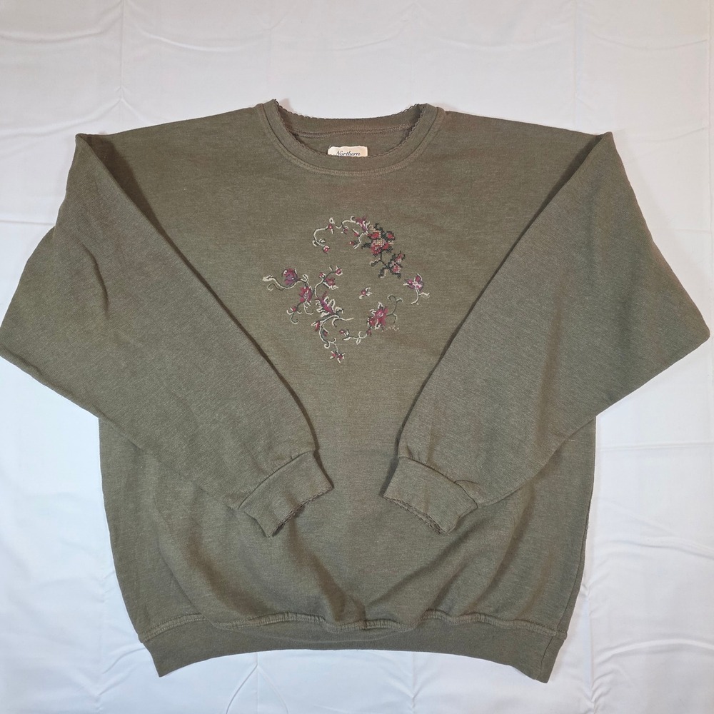 Vintage Northern Reflections Floral Embroidered Sweatshirt Olive Green Women L